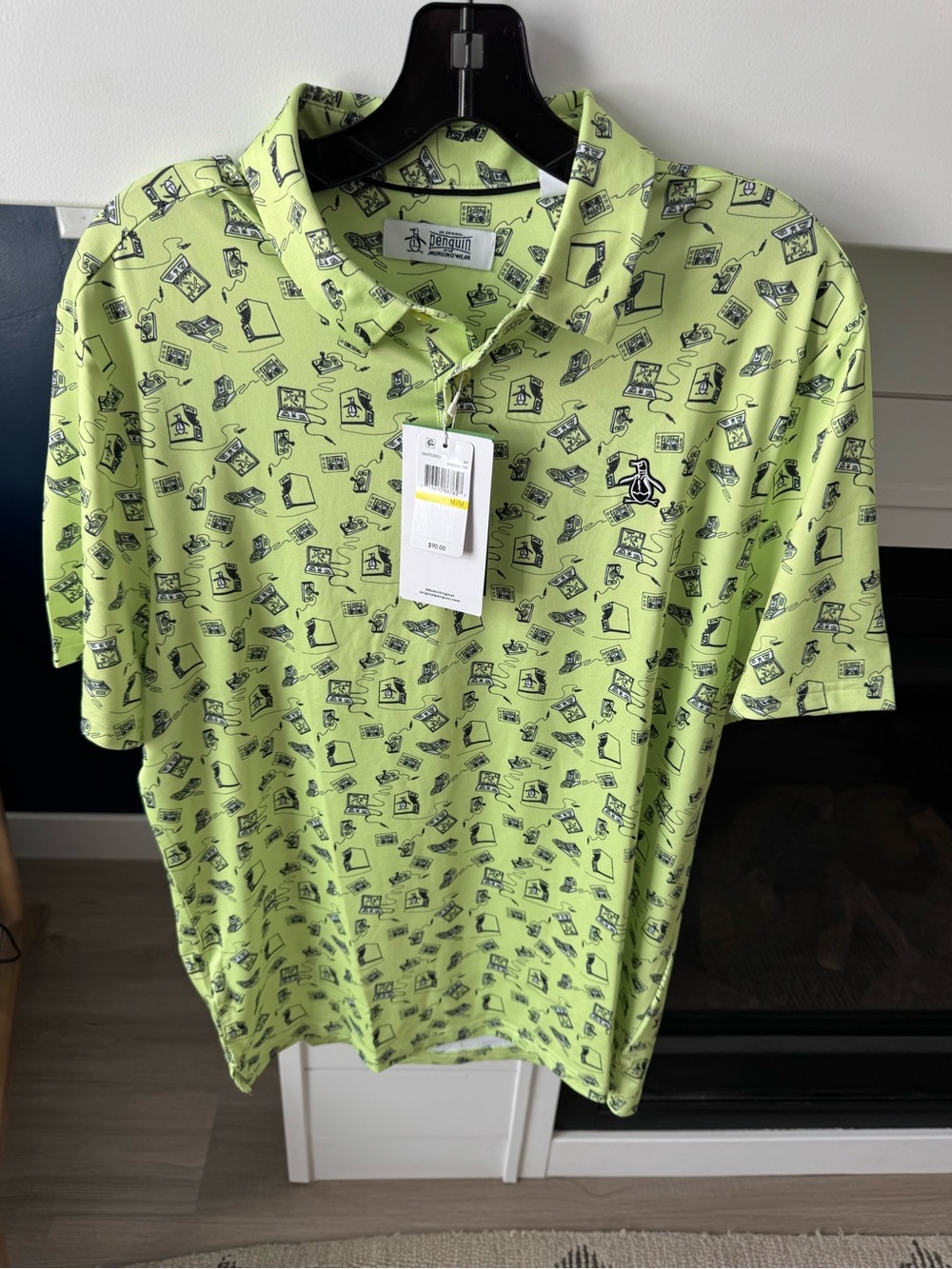ORIGINAL PENGUIN Retro Arcade Printed Golf Polo Shirt Shadow Lime Medium New